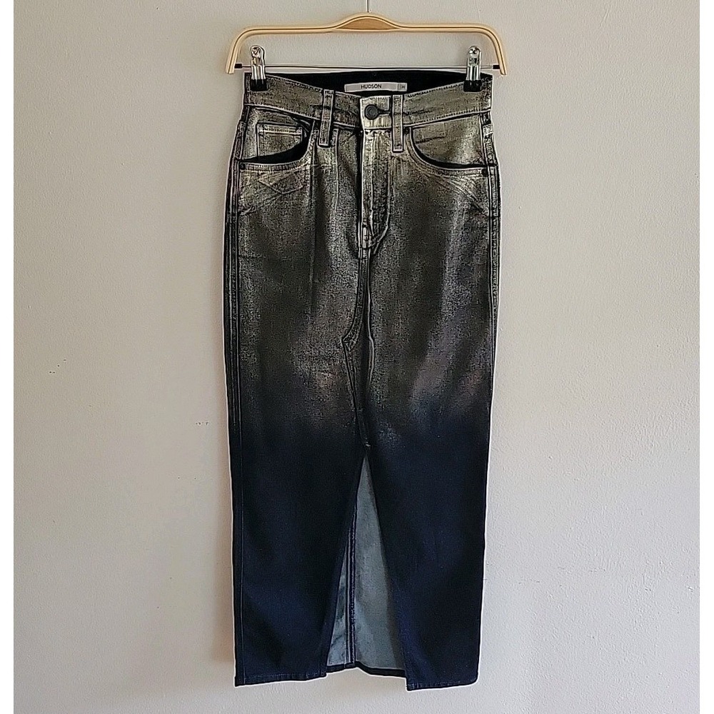 Hudson Reconstructed Denim Midi Skirt 25 Gradient‎ Metallic Ombre Chic Edgy Glam